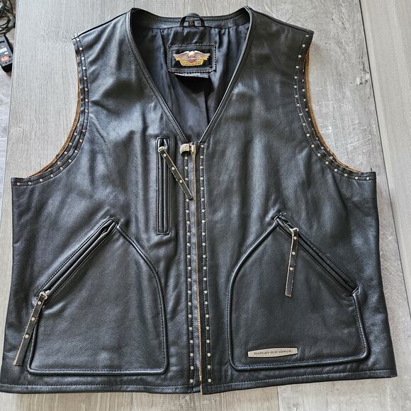 Harley-Davidson Men Studded Black Leather Biker Motorcycle Full Zip Vest Size XL